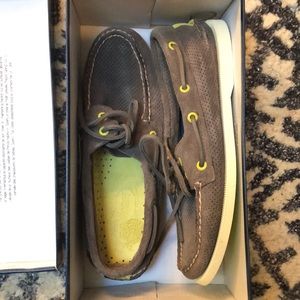 Grey and neon yellow Sperry Topsiders